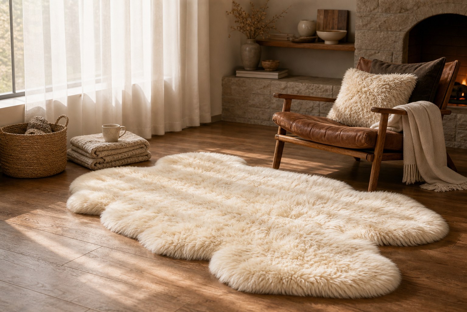 Single pelt sheepskin rug in a warm home setting