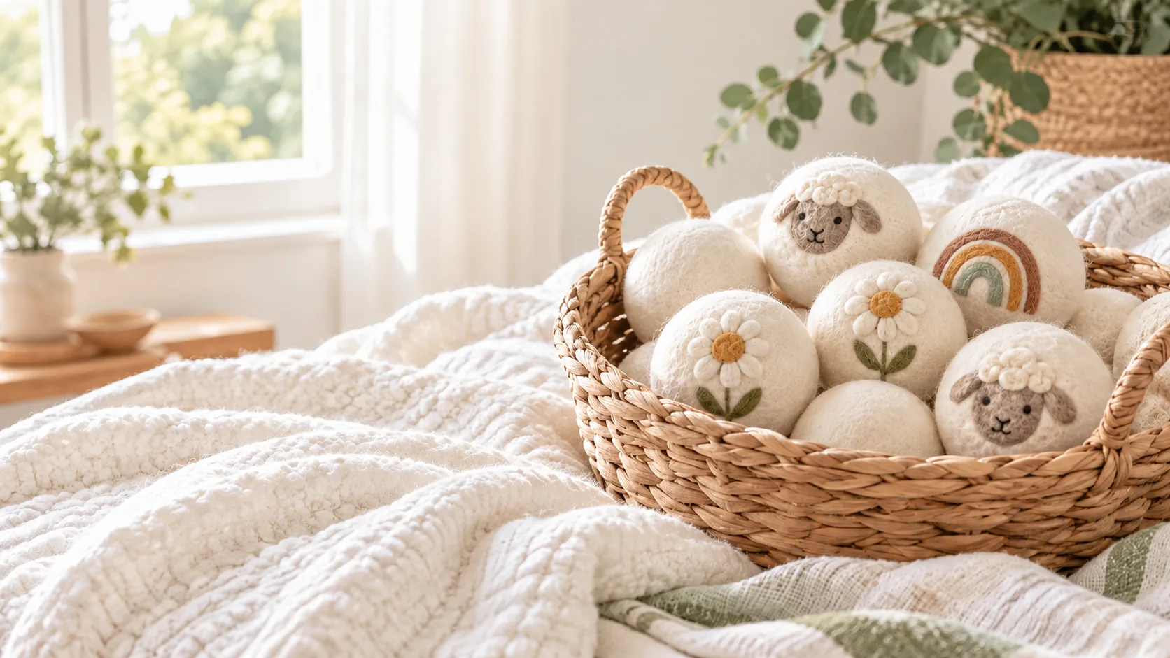 Patterned wool dryer balls in a woven basket