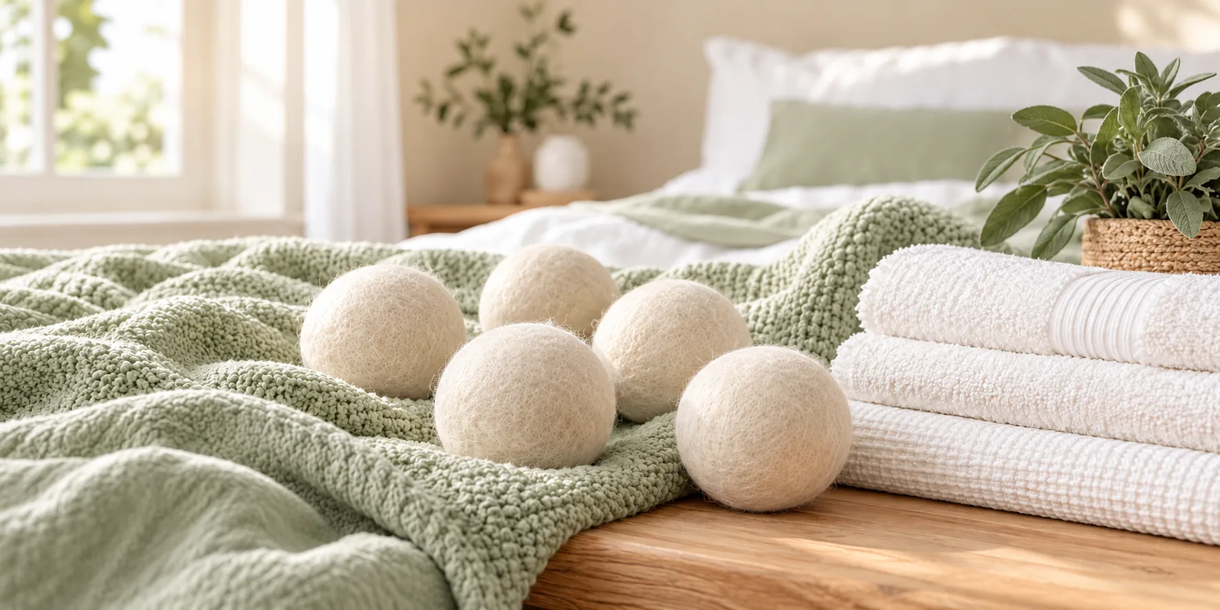 Wool dryer balls resting on soft laundry